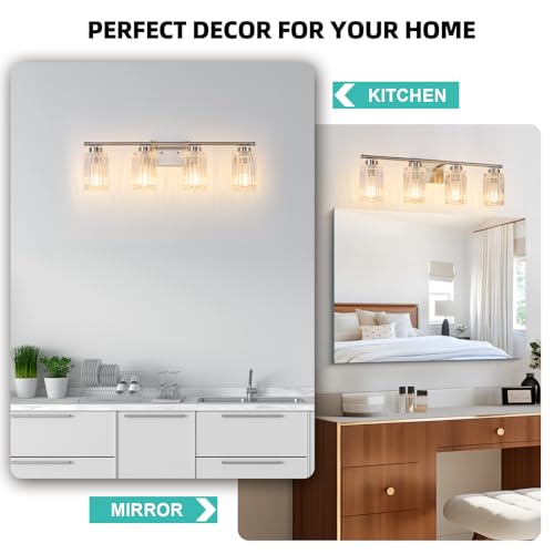 Image of 4 Light Bathroom Light Fixtures Modern Brushed Nickel 28 Inch Vanity Lights for Bathroom Lighting Fixtures Over Mirror with Thickened Glass Shade for Cabinet Mirror Bedroom Hallway