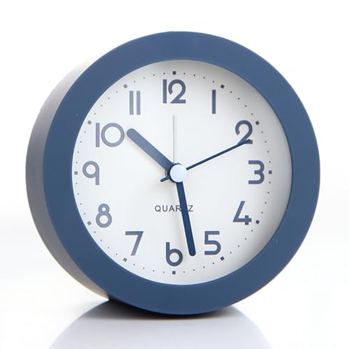 Alarm Clock with Backlight, 4.5 Inches Cute Analog Round Digital Quartz Clock, Non Ticking, Battery Operated ,Frosted Texture, Simply Design for Living Room, Bedroom ,Bedside, Desk Decorative (Blue)