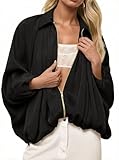 Tankaneo Womens Bomber Jackets Oversized Batwing Sleeve Zip Up Puffed Jacket Lapel Collar Pleated Outerwear
