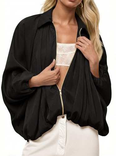 Tankaneo Womens Bomber Jackets Oversized Batwing Sleeve Zip Up Puffed Jacket Lapel Collar Pleated Outerwear
