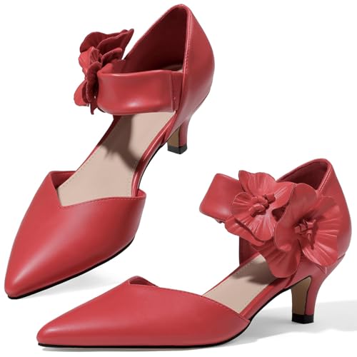 Image of Pointed Toe Low Kitten Heels Women Ankle Strap Slip on Pumps | Closed Toe, 2.2 Inch short heels,Synthetic Upper /Suede,Bridal Dress Shoes - 8 Colors, Wedding, Party and Formal Events