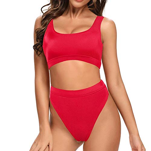Dixperfect Two Pieces Bikini Sets Swimsuit Sports Style Low Scoop Crop Top High Waisted High Cut Cheeky Bottom (L, Red)