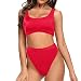 Dixperfect Two Pieces Bikini Sets Swimsuit Sports Style Low Scoop Crop Top High Waisted High Cut Cheeky Bottom (L, Red)