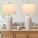 TOBUSA 23.5’’ Modern Ceramic Table Lamps Set of 2 for Living Room, Farmhouse Vintage Bedside Table Lamps with White Linen Shade, Rustic Bedroom Ceramic Lamps for Nightstand Home Office End Table Dorm