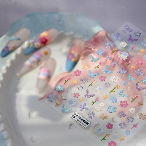 Image of Flower Nail Stickers Decals Colorful Nail Stickers for Nails Art Butterfly with Design 5D Embossed Self Adhesive Nails Charms for Women Manicure DIY Decoration Accessories