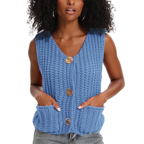 Image of Women's Sleeveless Chunky Knit Cardigan V-Neck Button Down Vest Casual Loose-Fitted Crochet Sweater with Pockets 2024