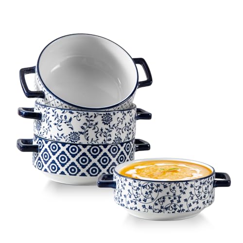 Cerkik Soup Bowls with Handles - 24oz Ceramic French Onion Soup Crocks Serving Bowls for Pasta Cereal Beef Stew Pot Pies Casserole - Oven Microwave Dishwasher Safe - Set of 4, Blue