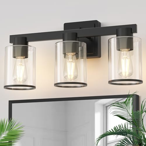 Image of L LOHAS LED Black Bathroom Light Fixtures, 3 Lights Bathroom Vanity Light with Clear Glass Shade, Modern Vanity Lights for Living Room Hallway