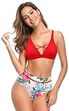 SHEKINI Damen Bikini-Set Neckholder V-Ausschnitt Verstellbarer Schultergurt Cutout Bikinioberteil Zweiteiliger Badeanzug Elegant Gedruckt Hohe Taille Bikinihose Bademode (S, Rot)