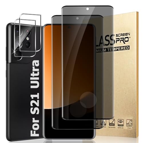 2 Pack Galaxy S21 Ultra Privacy Screen Protector and 2 Pack Camera Lens Protector, 9H Hardness Anti-Spy Tempered Glass, Fingerprint Compatible, 3D Full Coverage, Bubble Free, Anti Scratch (6.8 Inch)