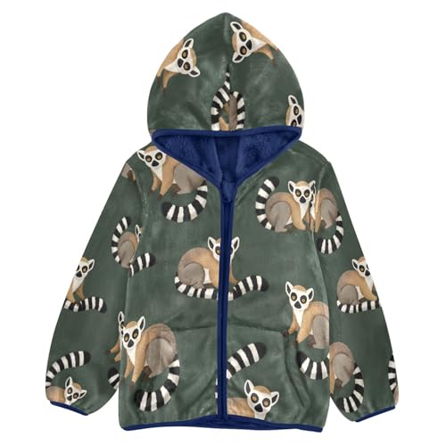 Lemur Cute Pattern on Green Toddler Fleece Jacket Girl Boys Hooded Fleece Jacket Coat Warm Outwear Zip-up 3-10T
