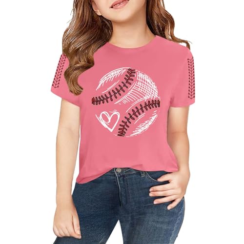 Kids Girls Baseball Printed Trendy Tees Short Sleeve Crewneck T-Shirts Girls Boys Athletic Shirts (Pink #4, 10-11Years)