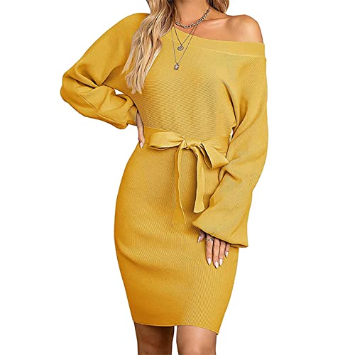 Zukmuk Robe en tricot à manches longues pour femme, robe moulante longue épaules dénudées, élégante robe élastique avec ceinture couleur unie, pour automne et hiver, jaune, L