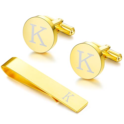 LOYALLOOK Gold Initial Cufflinks and Tie Clip Set for Men Personalized Copper Cuff links and Tie Bar Letter Alphabet K Gift for Father Husband