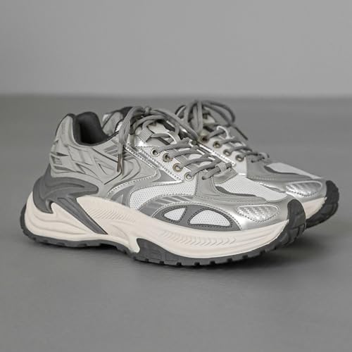 Men's Fashion Breathable Mesh Leather Lace Up Chunky Platform Sneakers Casual Non Slip Round Toe Driving Walking Tennis Running Dad Sneakers2