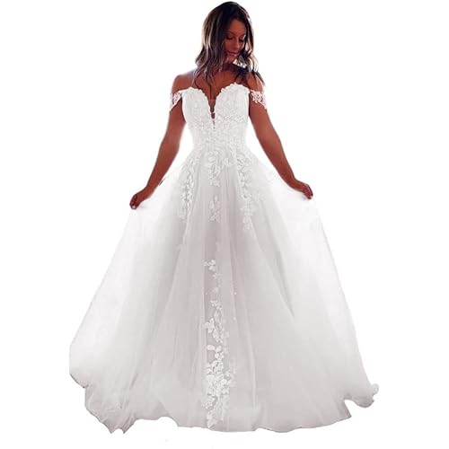XYAYE Off Shoulder Wedding Dresses for Bride Lace Tulle Bridal Gown Puffy Beaded Wedding Gowns with Train