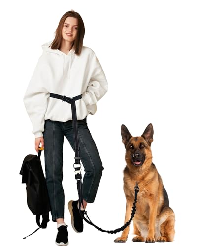 WANFIRE ハンズフリー 犬用リード 多機能 クロスボディ 調節可能ウエストベルト 散歩・ランニング・ハイキング用 (ブラック, L(1.4-2m 伸縮式·静音設計))の商品画像（Amazon）