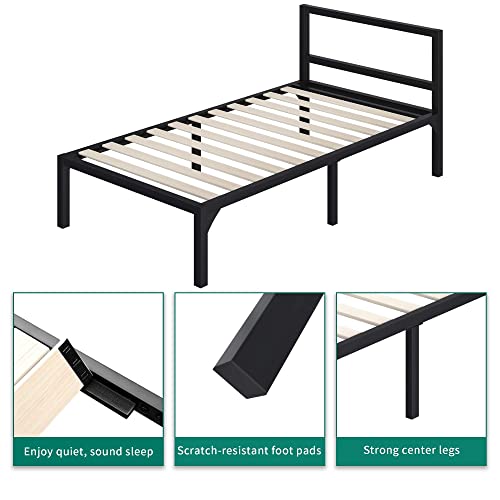 Yitahome Twin Size Bed Frame With Headboard, 14 Inch Platform, Wooden Slats Support, Mattress Foundation, No Box Spring Needed, Black #TOP4