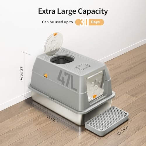 Lettiera Gatto Chiusa, Lettiera Acciaio Inox, 60 X 40 X 39 Cm, Grande Xl Xxl Toilette Per Gatti Con Pala, Cassette Ogieniche Per Gatti - Grigio - 2