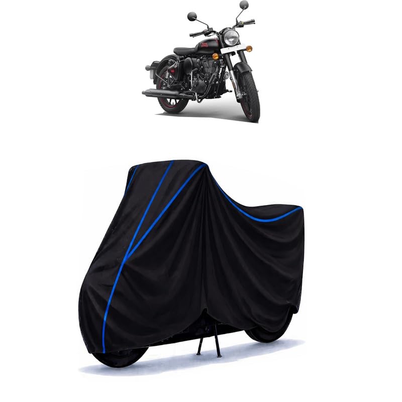 Image of Bullet 350 Bike Cover Water Resistant Universal Motorcycle Rain | Heavy Duty UV Protection, Dust, Scratch Indoor Outdoor All Weather with Black Blue Piping Elastic