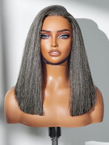 LUVME HAIR 14 Grey Salt & Pepper Bob Wig Blunt Cut Bob Wig Pre Cut Glueless Wigs Glueless Lace Front 14 Inches Bob Pre Cut Plucked Hd Lace Short Wig Ready To Go Natural Color Straight Side Part