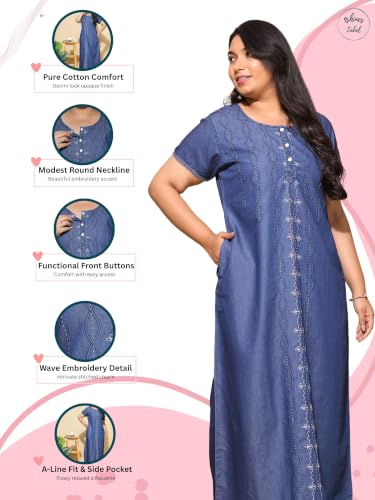 Image of 9shines Label Stylish Denim Cotton Nighty Maxi for Women | Full Length Trendy Nightgown | Premium Nightdress | Nightwear | Embroidery Nighty with Pocket (9SDS)