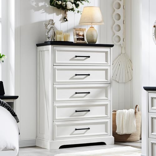ACCOHOHO Farmhouse 5 Drawers Dresser Chests for Bedroom,46' Tall Wood Rustic Chest of Drawers with...