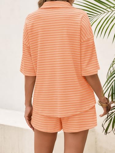Image of Tankaneo Womens Striped 2 Piece Sets Short Sleeve Lounge Set | Button Down, Waffle Knit, Pajama Lounge Set, Summer Outfits