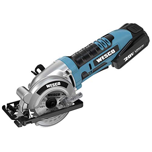 Cordless Circular Saw, WESCO 20V 3-3/8'' Mini Saw with 2.0Ah Lithium-Ion Battery and 1H Charger, MAX Cutting Depth 1-1/8