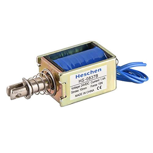 Heschen Electroimán de solenoide, HS-0837B, DC24V 1.4A 15N, carrera de 10mm, cerradura de puerta de marco abierto tipo empujar y jalar