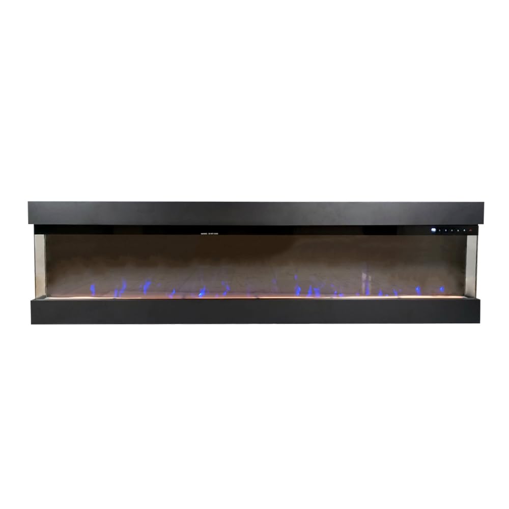 Camino elettrico VELAR | Caminetto a parete da incasso | Stufa ventilata da 750W/1500W a basso consumo, con telecomando, timer, decorazione di tronchi e cristalli (Nero, 182cm)