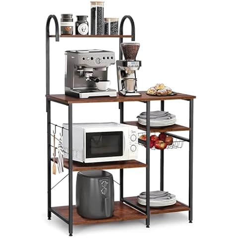 RUNTOP Baker's Rack, Microwave Stand, Kitchen Storage Rack with Wire Basket, Hooks, and Shelves, Microwave Oven Stand with Storage 4 Tiers for Spices, Pots, and Pans, Wooden Bakers Rack Metal Frame Cover