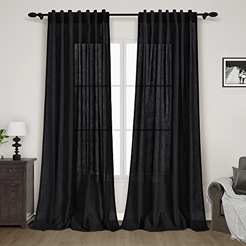 Image of Nanspring Long Black Curtain 100 inches Long 2 Panels Set for Living Room Back Tab Modern Farmhouse Muslin Look Decor Cotton Textured Black Sheer Linen Curtains 100 inch Length for Large Window