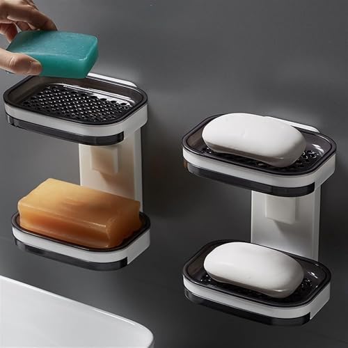 Image of Wall Mounted Double Layer Soap Dish Punch-Free Drawer Draining Holder Kitchen Sponge Storage Box Bathroom Organizer Rack Shelves (2, SOAP Holder 2 in 1)