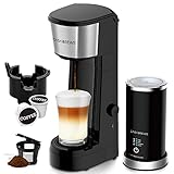 Single Serve Coffee Maker with Milk Frother, 2 In 1 Single Cup Coffee Maker for K Cup or Ground...