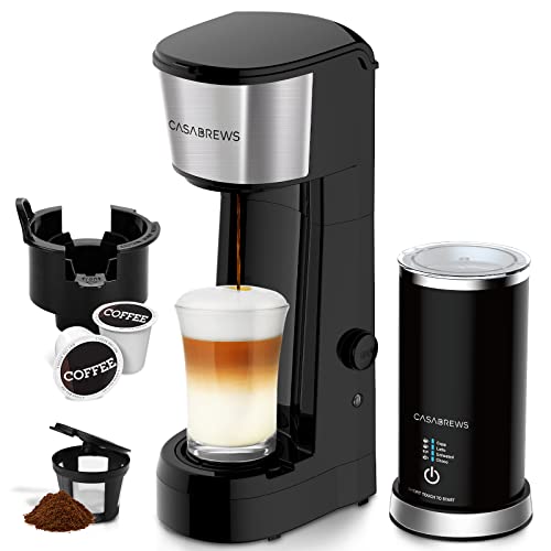 Single Serve Coffee Maker with Milk Frother, 2 In 1 Single Cup Coffee Maker