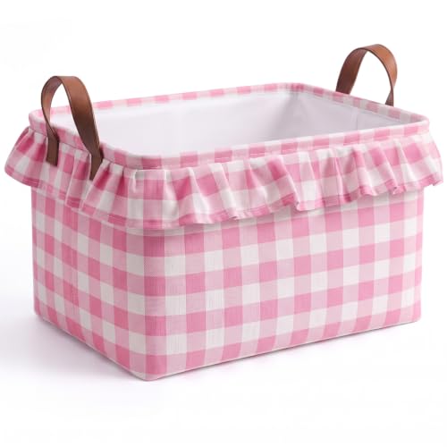 Image of Boao 1 Pcs Pink Ruffled Gingham Canvas Basket, Rectangular Organizing Decorative Storage Basket with Handle, Cute Farmhouse Home Decor for Nursery Room Bathroom Living Room