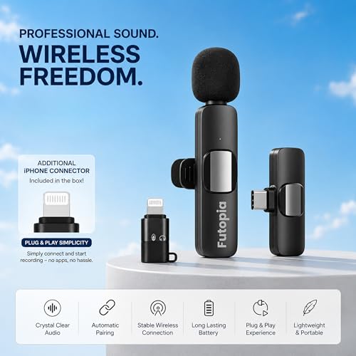 Image of Futopia Mini Wireless Lavalier Microphone Plug & Play for Type-C &, 8-Pin Connector, 2.4GHz, Clip-On Lapel Mic with Noise Reduction for YouTube, Interviews, Live Streaming, Vlogging & Gaming