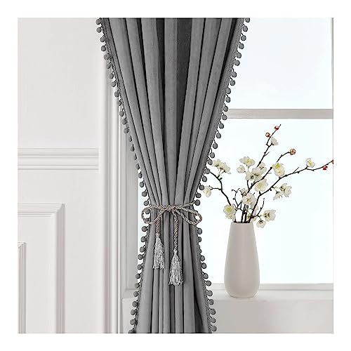 Image of Amazon Brand - Umi Velvet Eyelet Door Curtains with pom pom Lace for Living Room Bedroom Kitchen 2 pc Pack in Silver Color (Windows - 4 feet x 4 feet)