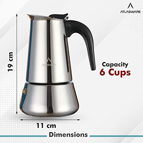 Image of Atlasware Stainless Steel Coffee Maker | Filter Coffee Black Tea Pot Compatible with Induction, Gas Stove | Durable Compact BPA Free Espresso Percolator for Home, Kitchen and Travel (Silver, 6 Cup)