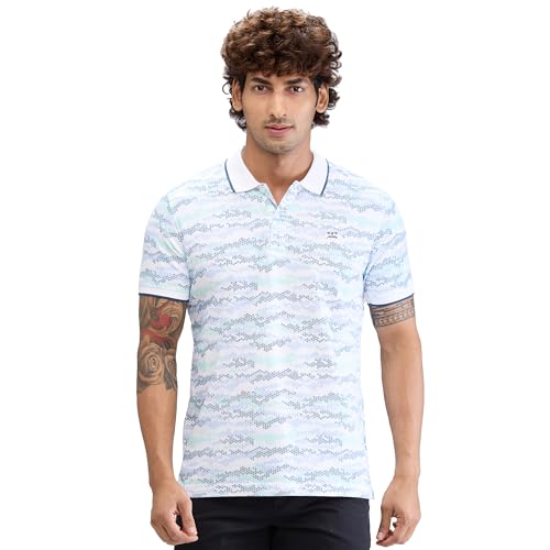 Image of Colorplus Men's Regular Fit Print Pattern Pure Cotton Half Sleeve Polo Neck Casual T-Shirt