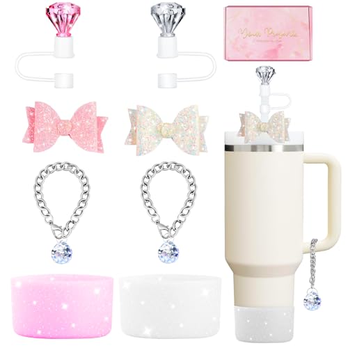 8Pcs Diamond Stanley Cup Accessories Glitter Straw Topper Silicone Boot Bow Tie Crystal Handle Charms for Stanley Cup 30&40 Oz Pink Tumbler Cup Water Bottle Accessories Set Reusable Straw Cover Cap