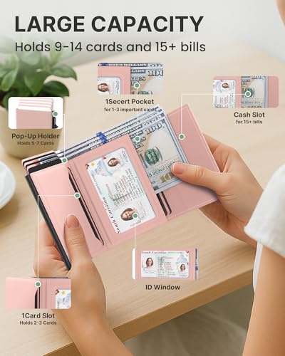 Image of typecase Womens Wallet Card Holder: Pop Up Card Case, Genuine Leather, RFID Blocking, Slim, Minimalist, Thin, Small Size - 9-14 Card Capacity, ID Window, Cash Pocket (Blush Pink)