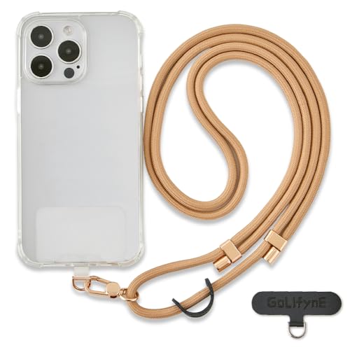 Image of Phone Lanyard Crossbody, Anti Theft Phone Strap with 2 Tether Tabs | With Leather Loop, Premium Metal Buckles, Adjustable Cell Phone Lanyard for Travel, Fits Most Smartphones, Apricot