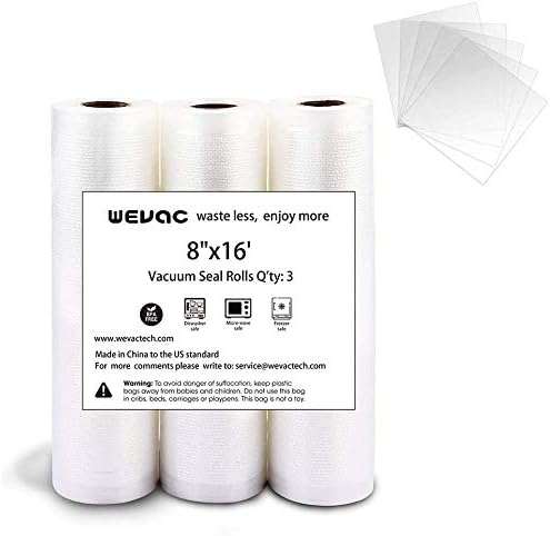 WevacVacuum Sealer Bags 8x16' Rolls 6 pack for Food Saver, Seal a Meal, Weston. Commercial Grade, BPA Free, Heavy Duty, Great for vac storage, Meal Prep or Sous Vide