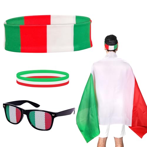 Cape de Costume Drapeau Italie, Lunettes de Soleil Bandeau et Bracelets Ensemble Style Années 80aux Couleurs du Drapeau Kit de Fête Accessoires Patriotiques pour Célébrations et Fêtes d'Halloween