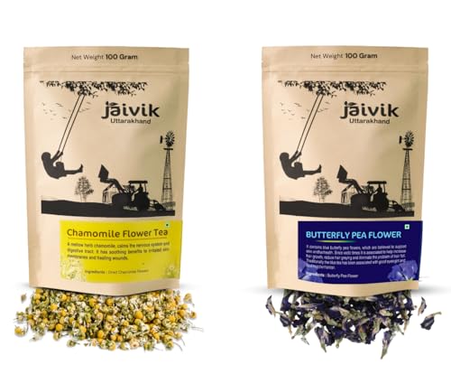 Image of Jaivik Uttarakahnd - Chamomile Tea, Butterfly Pea Flower Tea (100g each), Unique Blend Crafted Loose Leaf For Chai Lovers Across India, Combo (Pack Of 2)