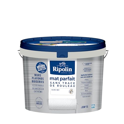 RIPOLIN Mat Parfait - Peinture intérieure pour Murs & Plafonds - Blancheur Extrême - Sans Trace de Rouleau - Technologie UNILISS - Lessivable - Mat - 5L - Blanc