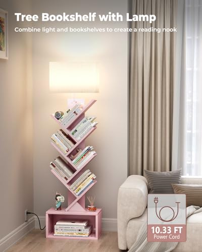 Image of Evermagin 6 Tier Tree Bookshelf with Light, Narrow Bookcase Tower, Tall Floor Standing Book Shelf Organizer with Storage Cabinet for Living Room, Bedroom and Home Office, Pink