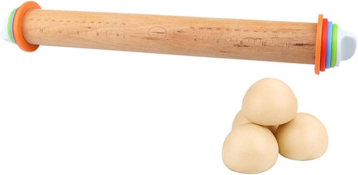 Adjustable Thickness Wood Rolling Pin with Measurement Scale Kitchen Tool for Baking Pastry Pizza and Noodles Includes Discs for Precision Rolling